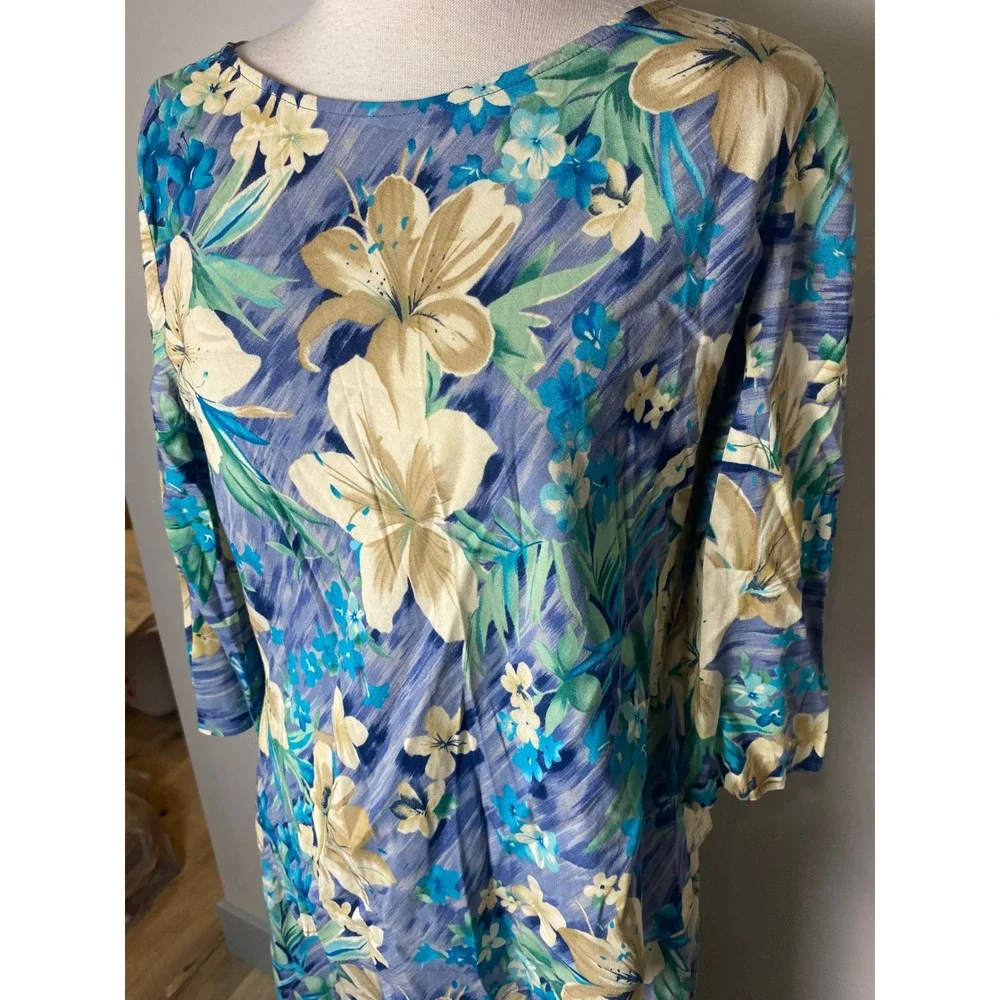 Lesley Fay Vintage 90s 2 Piece Set Floral Tropical Blue Tunic Top Maxi Skirt - Picture 2 of 9